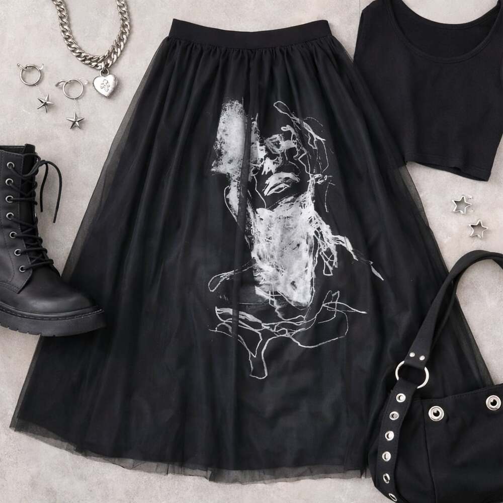 S Deer‎ NWT Black Tulle Graphic Skirt Avant Garde Goth Midi L